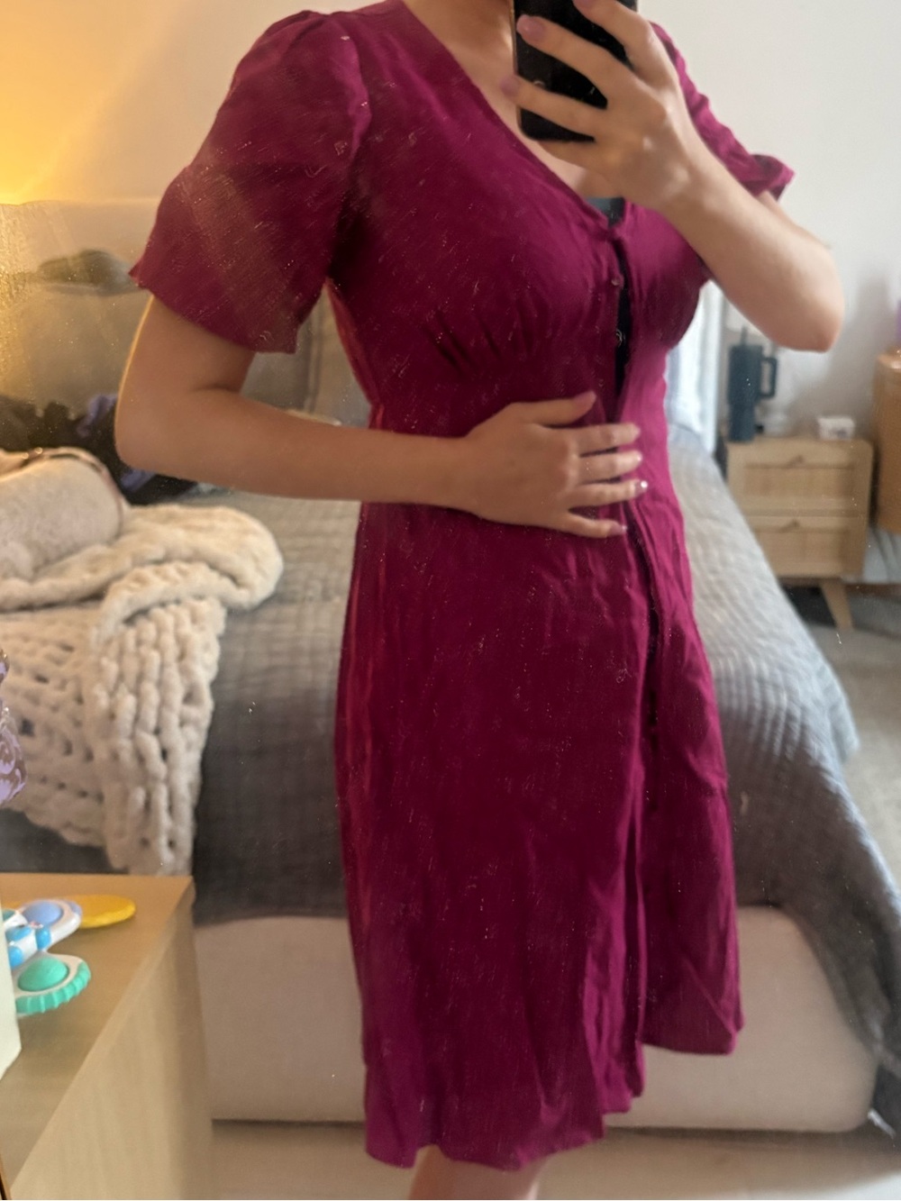 Seraphine Berry Button-Front V-Neck Midi Dress